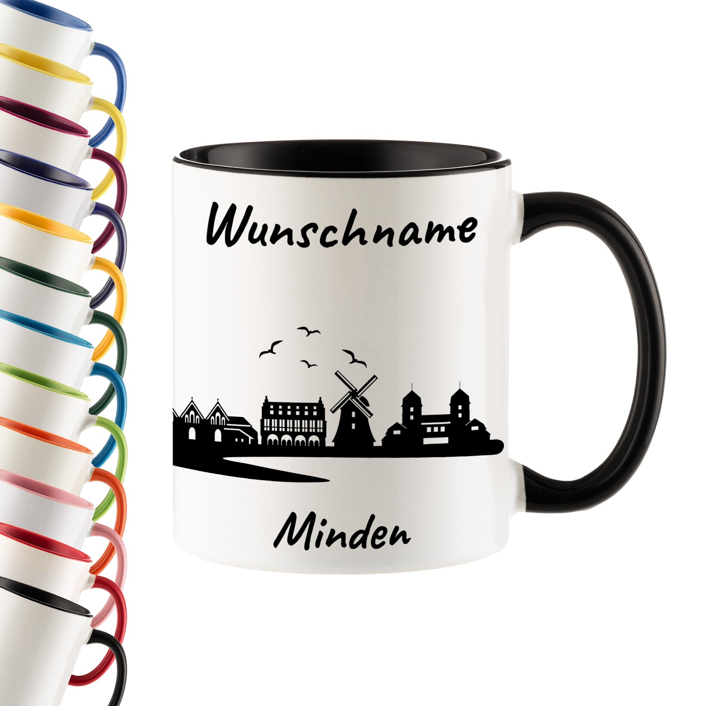 Tasse in Schwarz 330ml bedruckt mit der Skyline von Minden personalisierbar mit Wunschname