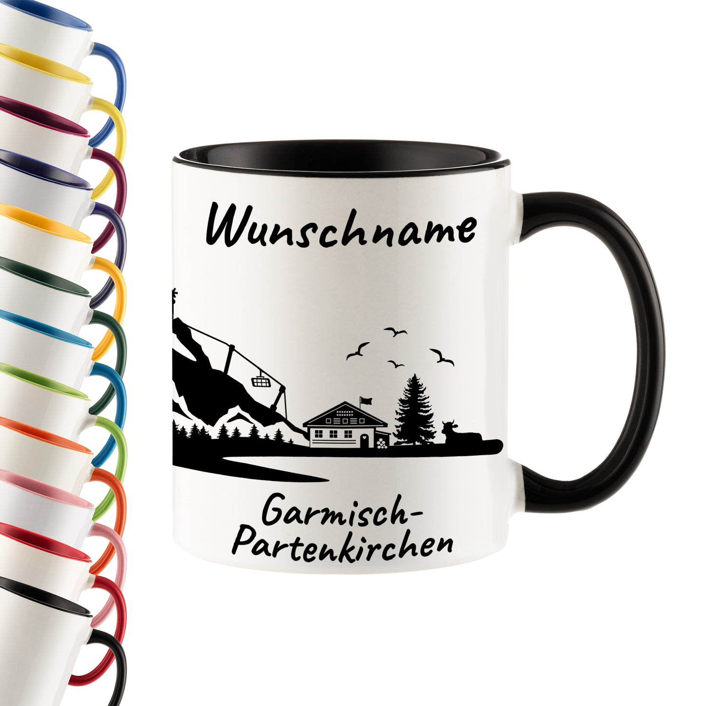 Tasse in Schwarz 330ml bedruckt mit der Skyline von Garmisch-Partenkirchen personalisierbar mit Wunschname
