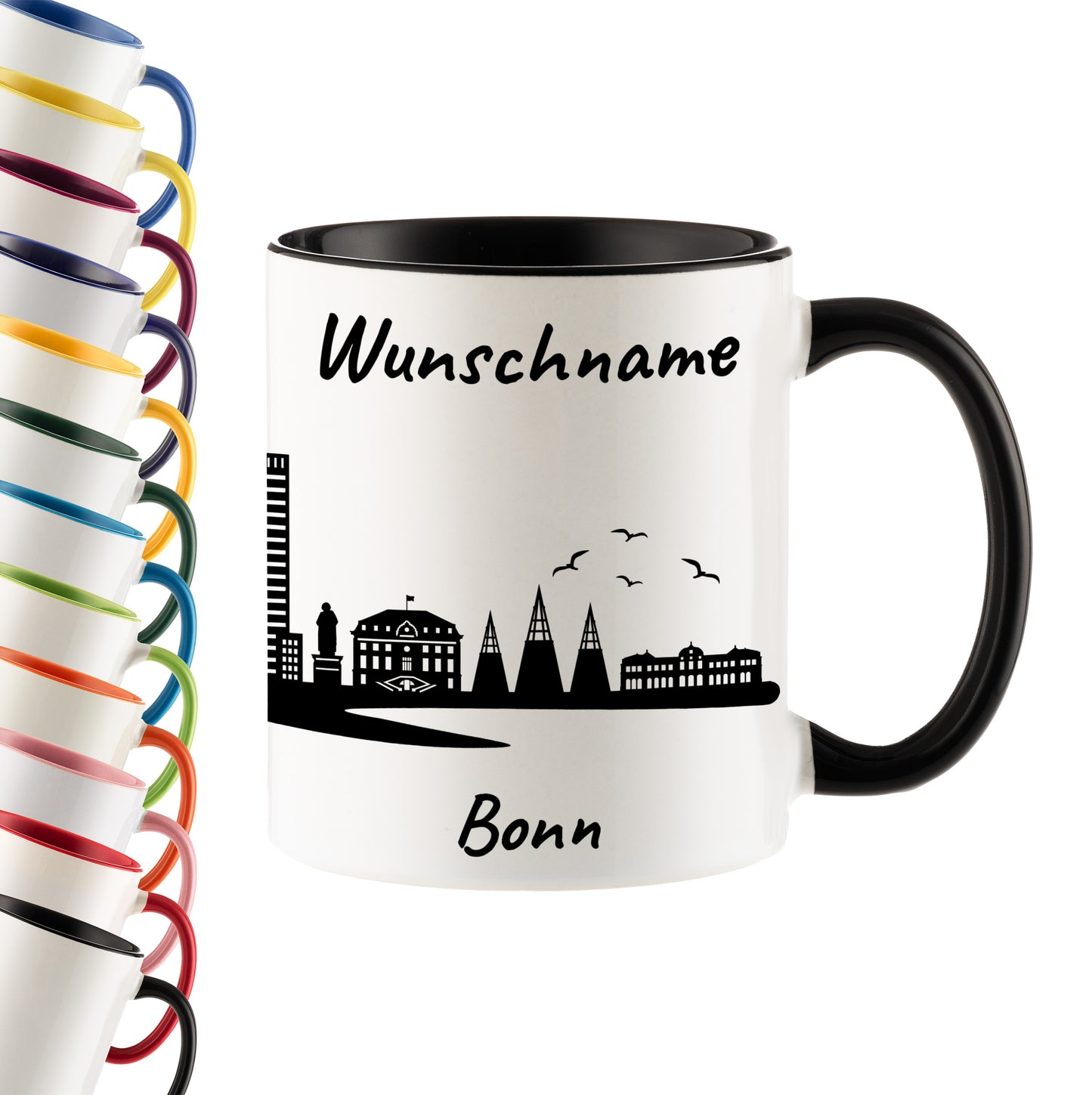 Tasse in Schwarz 330ml bedruckt mit der Skyline von Bonn personalisierbar mit Wunschname