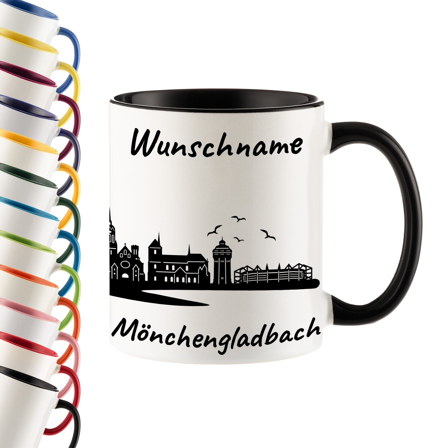 Tasse in Schwarz 330ml bedruckt mit der Skyline von Mönchengladbach personalisierbar mit Wunschname