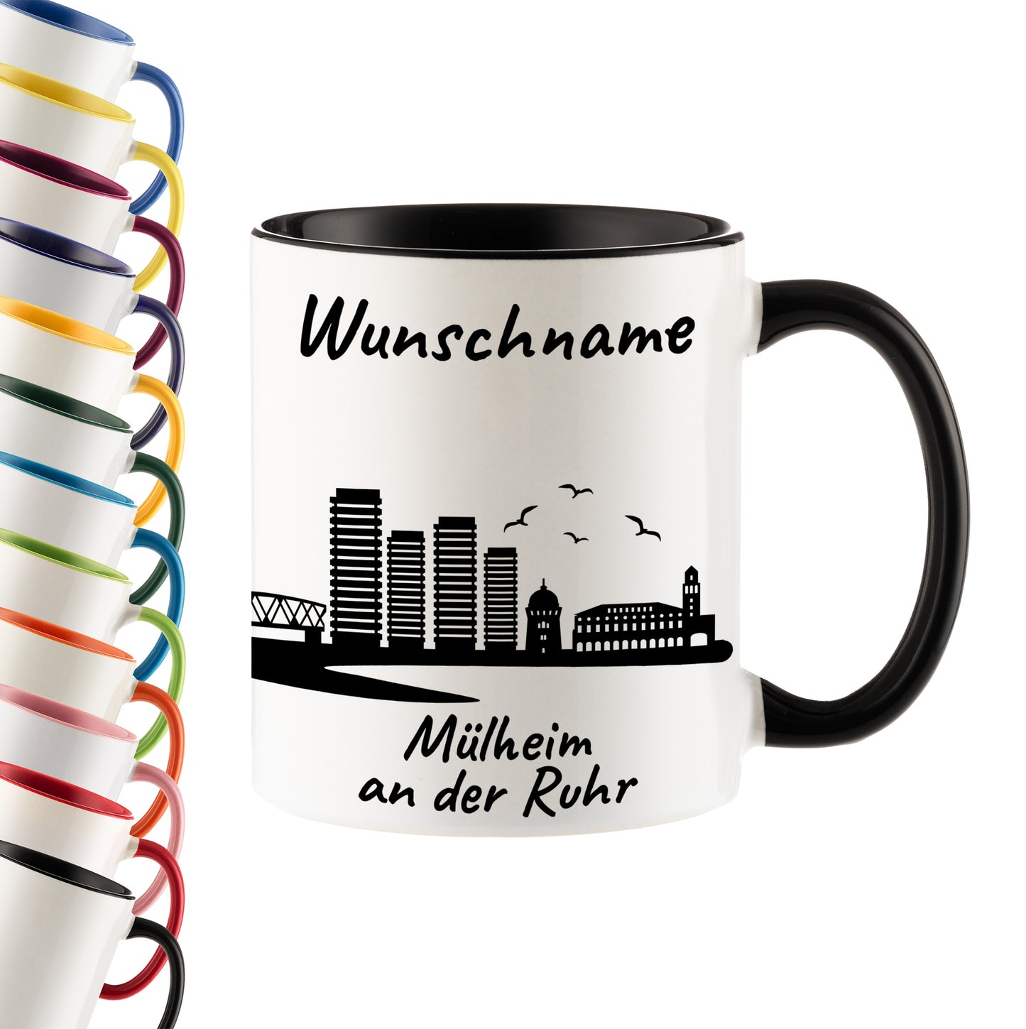 Tasse in Schwarz 330ml bedruckt mit der Skyline von Mülheim an der Ruhr personalisierbar mit Wunschname
