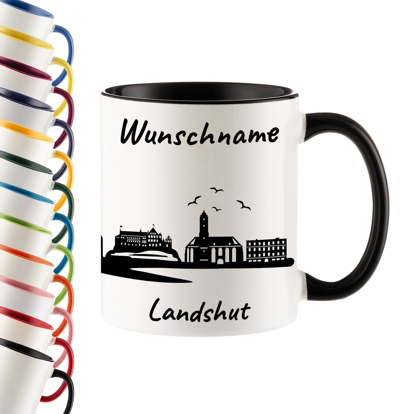 Tasse in Schwarz 330ml bedruckt mit der Skyline von Landshut personalisierbar mit Wunschname