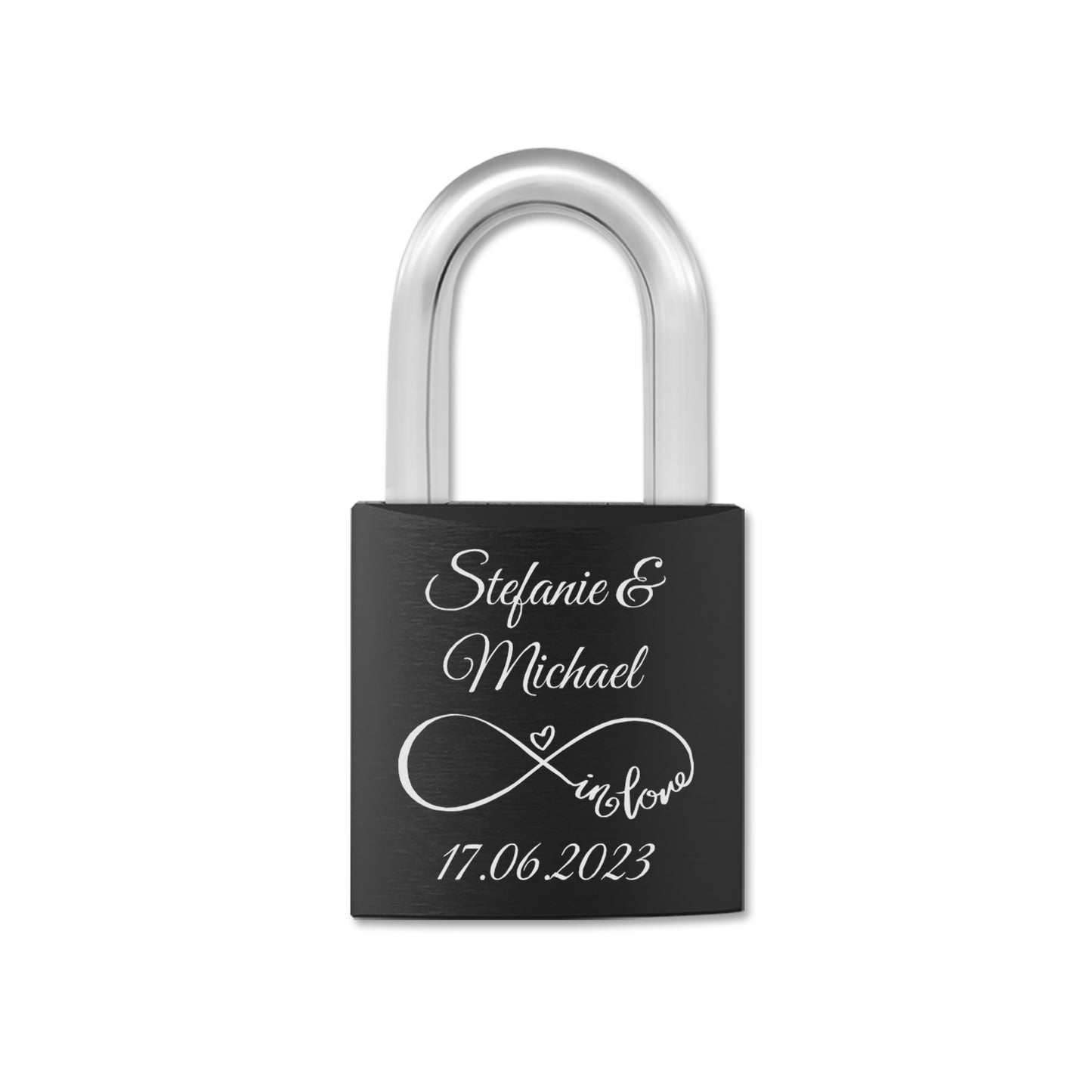 Liebesschloss in Schwarz mit Gravur "Unendlich in LOVE" personalisiert mit Wunschnamen in 6 ver. Farben