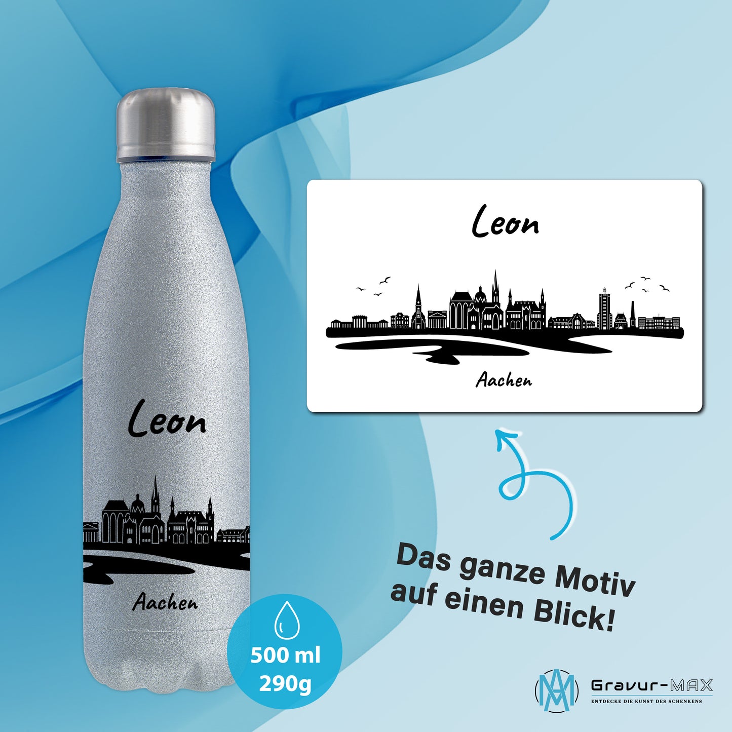 Glitzer Trinkflasche in Silber 500ml aus Edelstahl bedruckt mit der Skyline von Aachen personalisierbar mit Wunschname