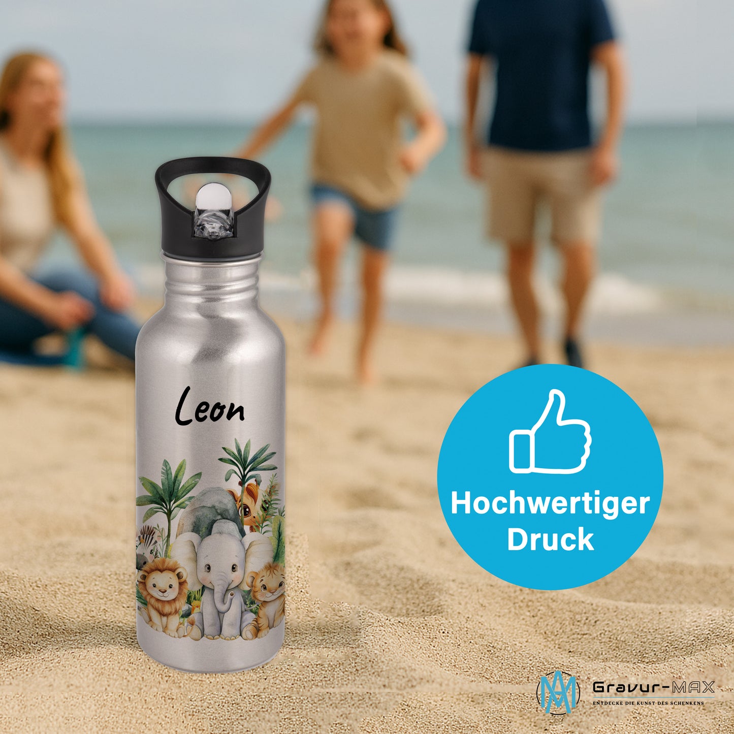 Trinkflasche mit Strohhalm in Silber 600ml bedruckt mit Dschungel Tieren"Dschungel Tiere" personalisierbar für Kinder mit Wunschname aus Edelstahl