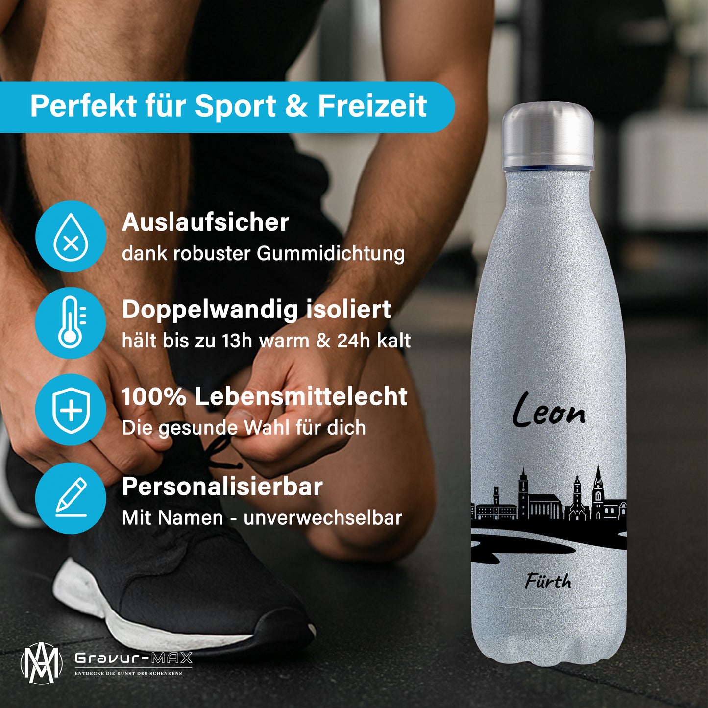 Glitzer Trinkflasche in Silber 500ml aus Edelstahl bedruckt mit der Skyline von Fürth personalisierbar mit Wunschname