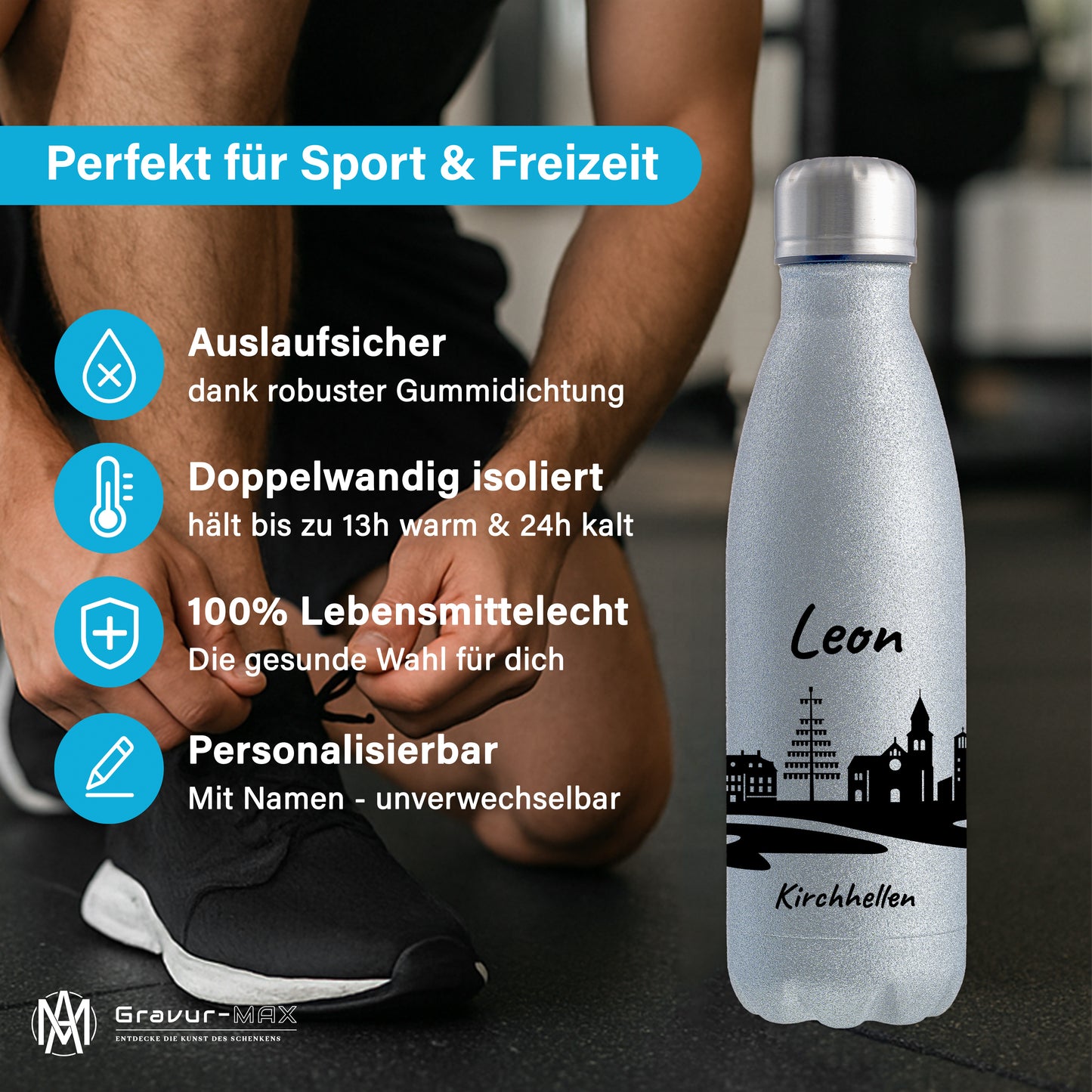 Glitzer Trinkflasche in Silber 500ml aus Edelstahl bedruckt mit der Skyline von Kirchhellen personalisierbar mit Wunschname