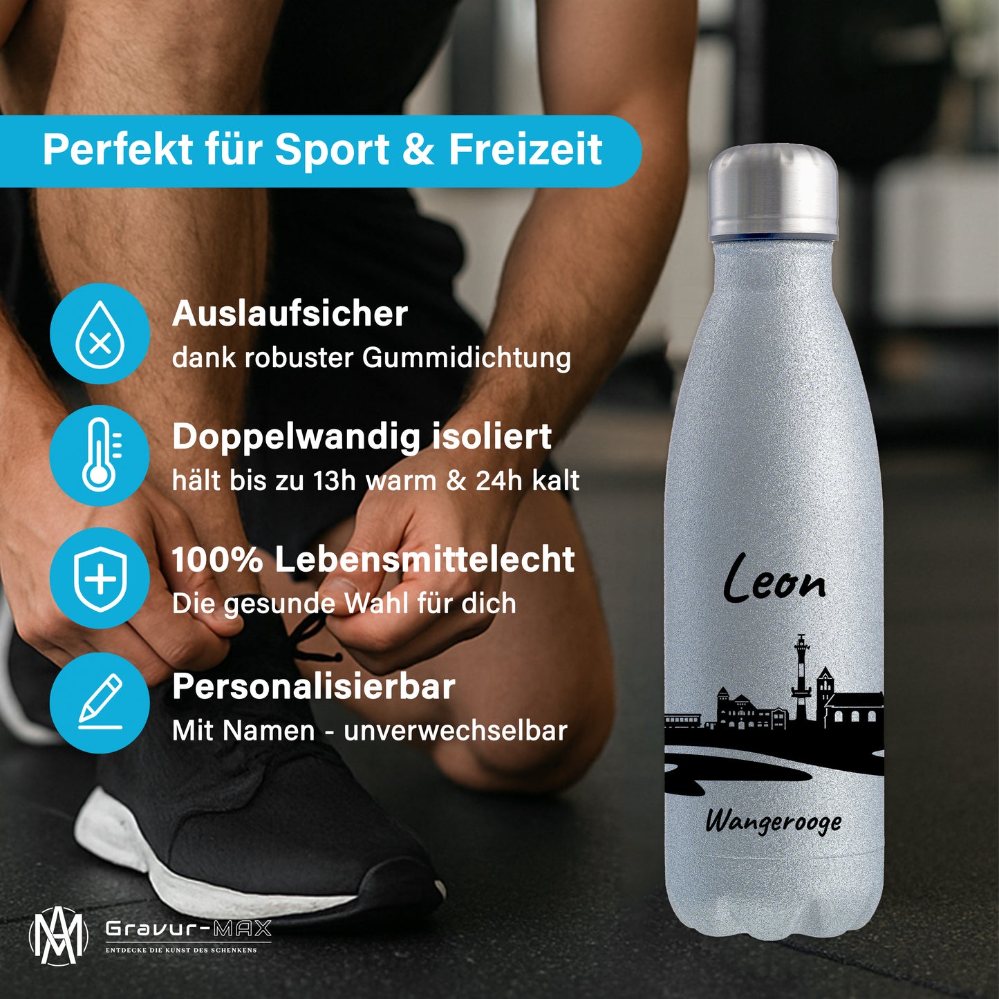 Glitzer Trinkflasche in Silber 500ml aus Edelstahl bedruckt mit der Skyline von Wangerooge personalisierbar mit Wunschname