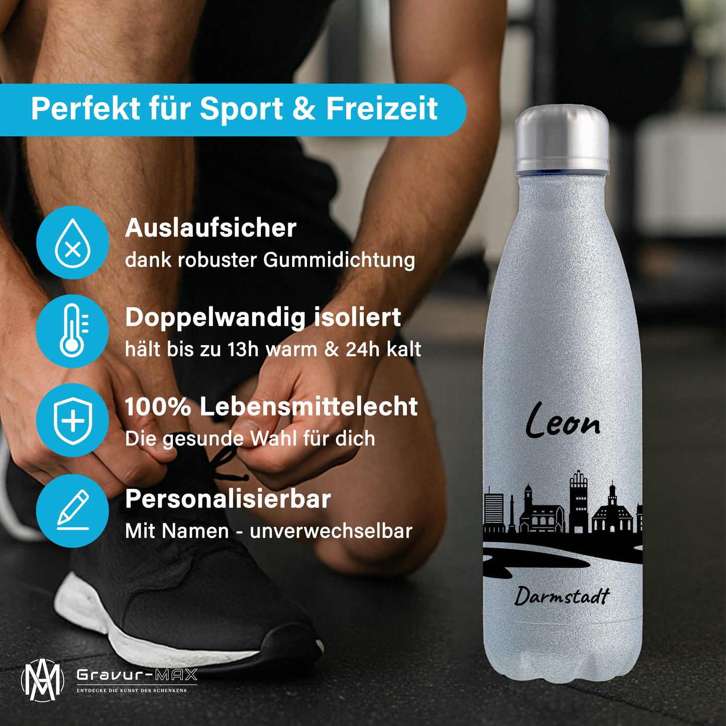 Glitzer Trinkflasche in Silber 500ml aus Edelstahl bedruckt mit der Skyline von Darmstadt personalisierbar mit Wunschname