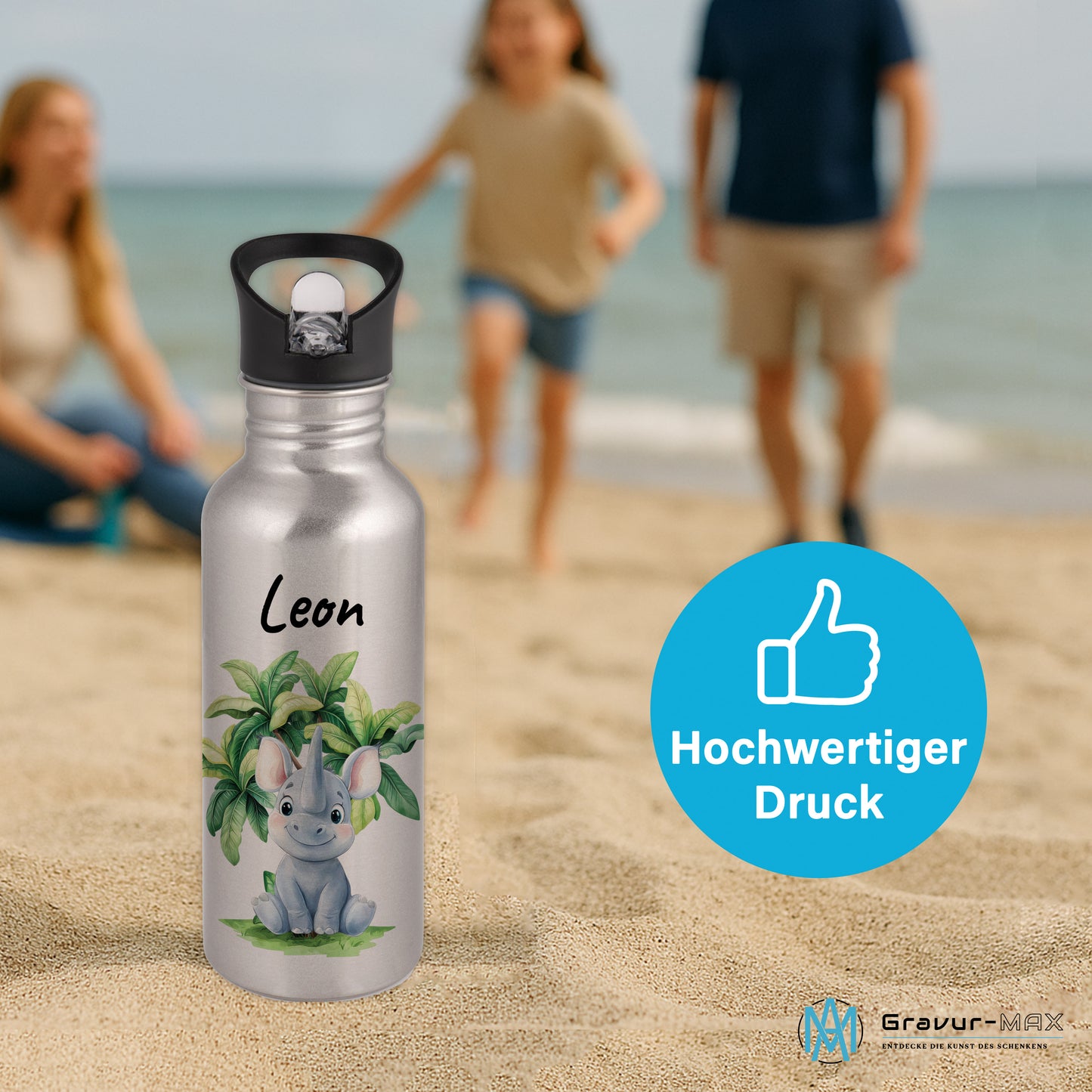 Trinkflasche mit Strohhalm in Silber 600ml bedruckt mit Dschungel Tieren"Nashorn" personalisierbar für Kinder mit Wunschname aus Edelstahl