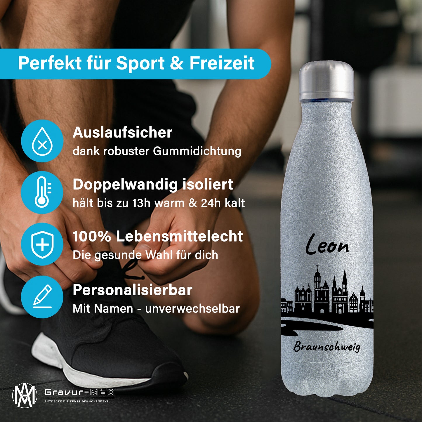 Glitzer Trinkflasche in Silber 500ml aus Edelstahl bedruckt mit der Skyline von Braunschweig personalisierbar mit Wunschname