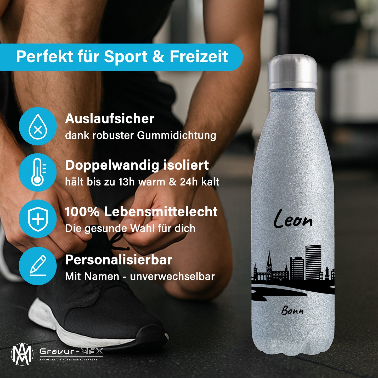 Glitzer Trinkflasche in Silber 500ml aus Edelstahl bedruckt mit der Skyline von Bonn personalisierbar mit Wunschname