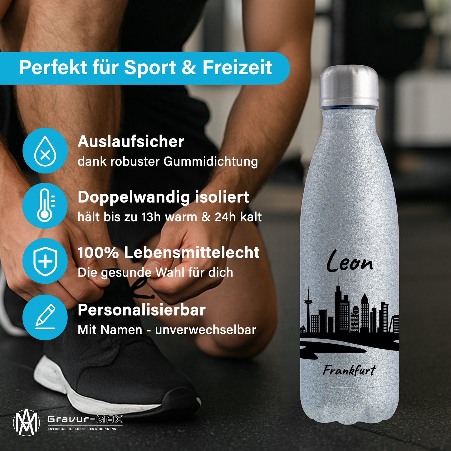 Glitzer Trinkflasche in Silber 500ml aus Edelstahl bedruckt mit der Skyline von Frankfurt personalisierbar mit Wunschname