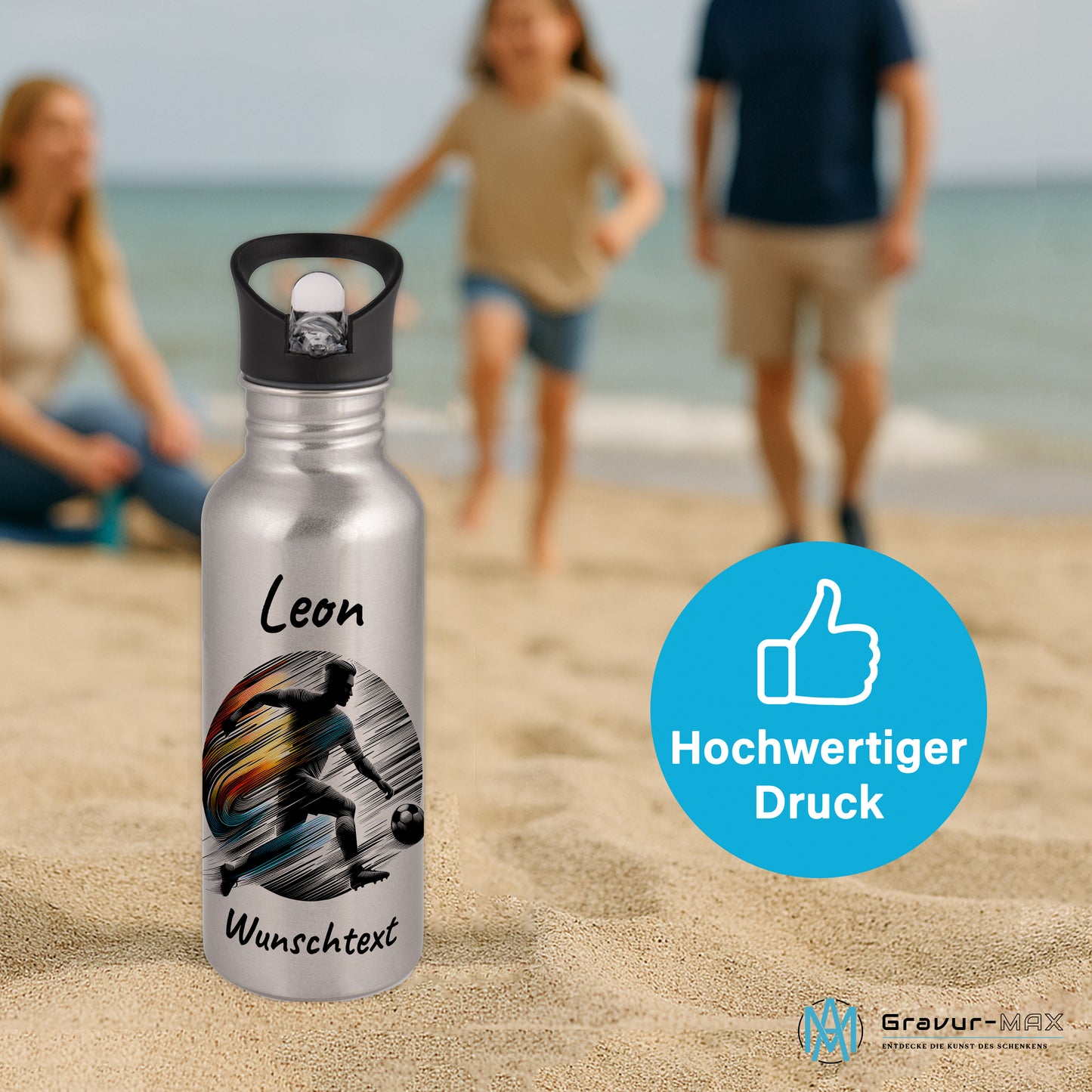 Trinkflasche mit Strohhalm in Silber 600ml bedruckt mit Fußball Motiven"Motiv2" personalisierbar für Kinder mit Wunschname aus Edelstahl