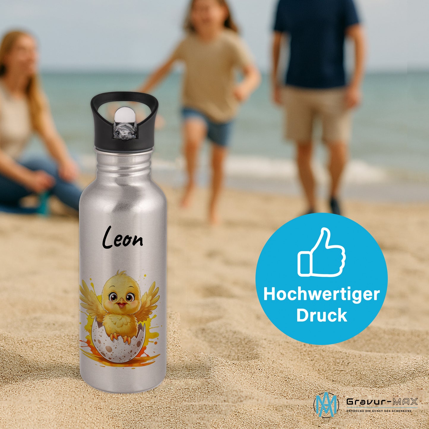 Trinkflasche mit Strohhalm in Silber 600ml bedruckt mit niedlichen Tieren"Küken" personalisierbar für Kinder mit Wunschname aus Edelstahl