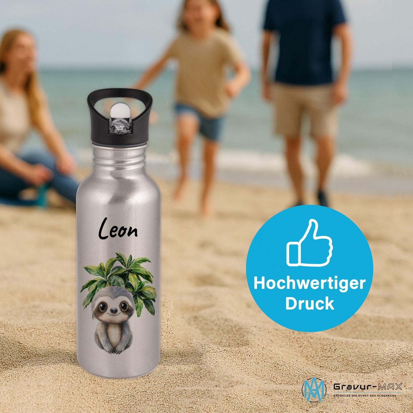 Trinkflasche mit Strohhalm in Silber 600ml bedruckt mit Dschungel Tieren"Faultier" personalisierbar für Kinder mit Wunschname aus Edelstahl