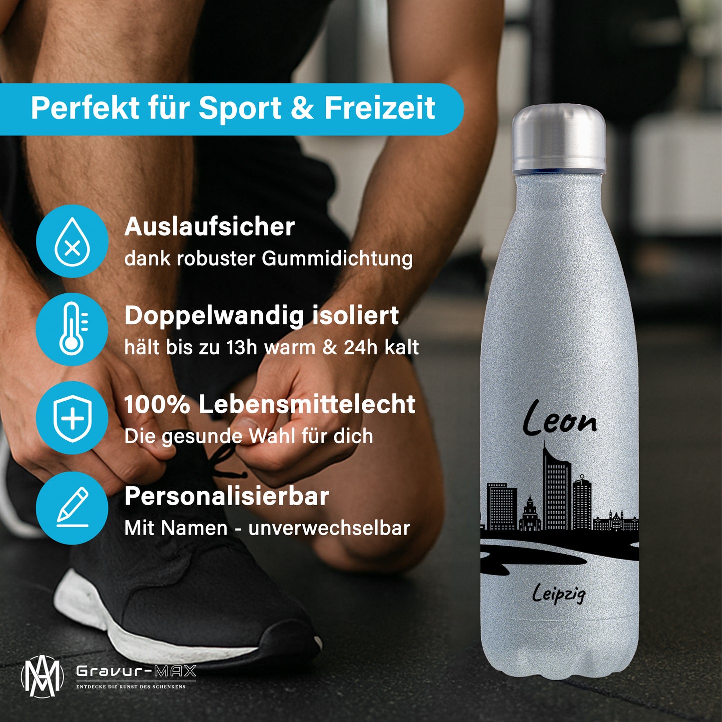 Glitzer Trinkflasche in Silber 500ml aus Edelstahl bedruckt mit der Skyline von Leipzig personalisierbar mit Wunschname
