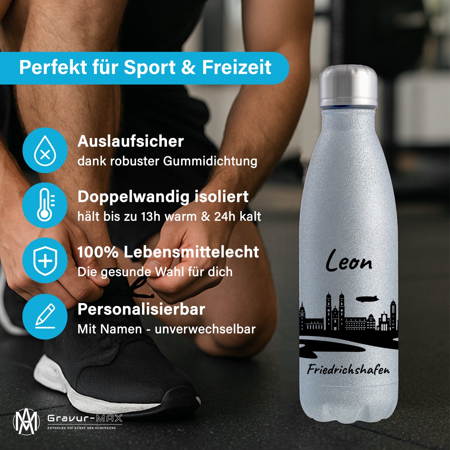 Glitzer Trinkflasche in Silber 500ml aus Edelstahl bedruckt mit der Skyline von Friedrichshafen personalisierbar mit Wunschname