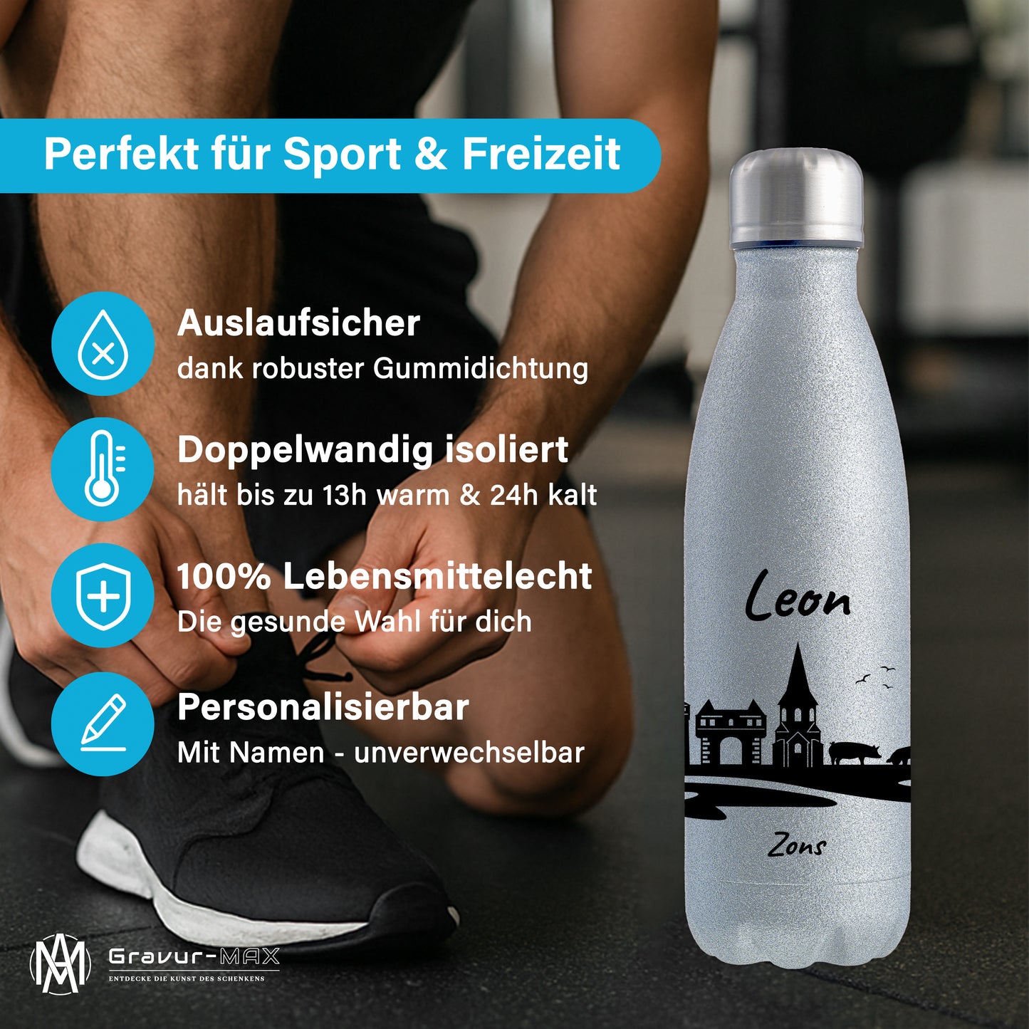 Glitzer Trinkflasche in Silber 500ml aus Edelstahl bedruckt mit der Skyline von Zons (Dormagen) personalisierbar mit Wunschname