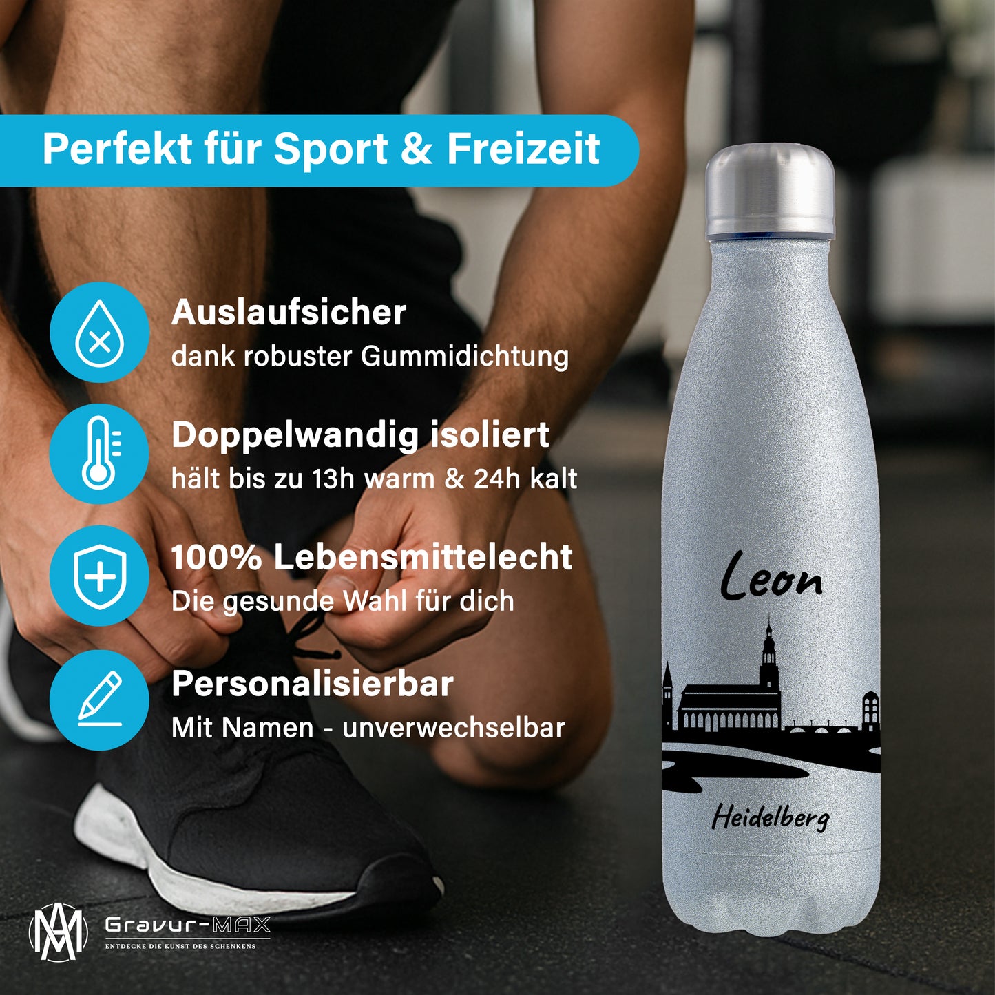 Glitzer Trinkflasche in Silber 500ml aus Edelstahl bedruckt mit der Skyline von Heidelberg personalisierbar mit Wunschname