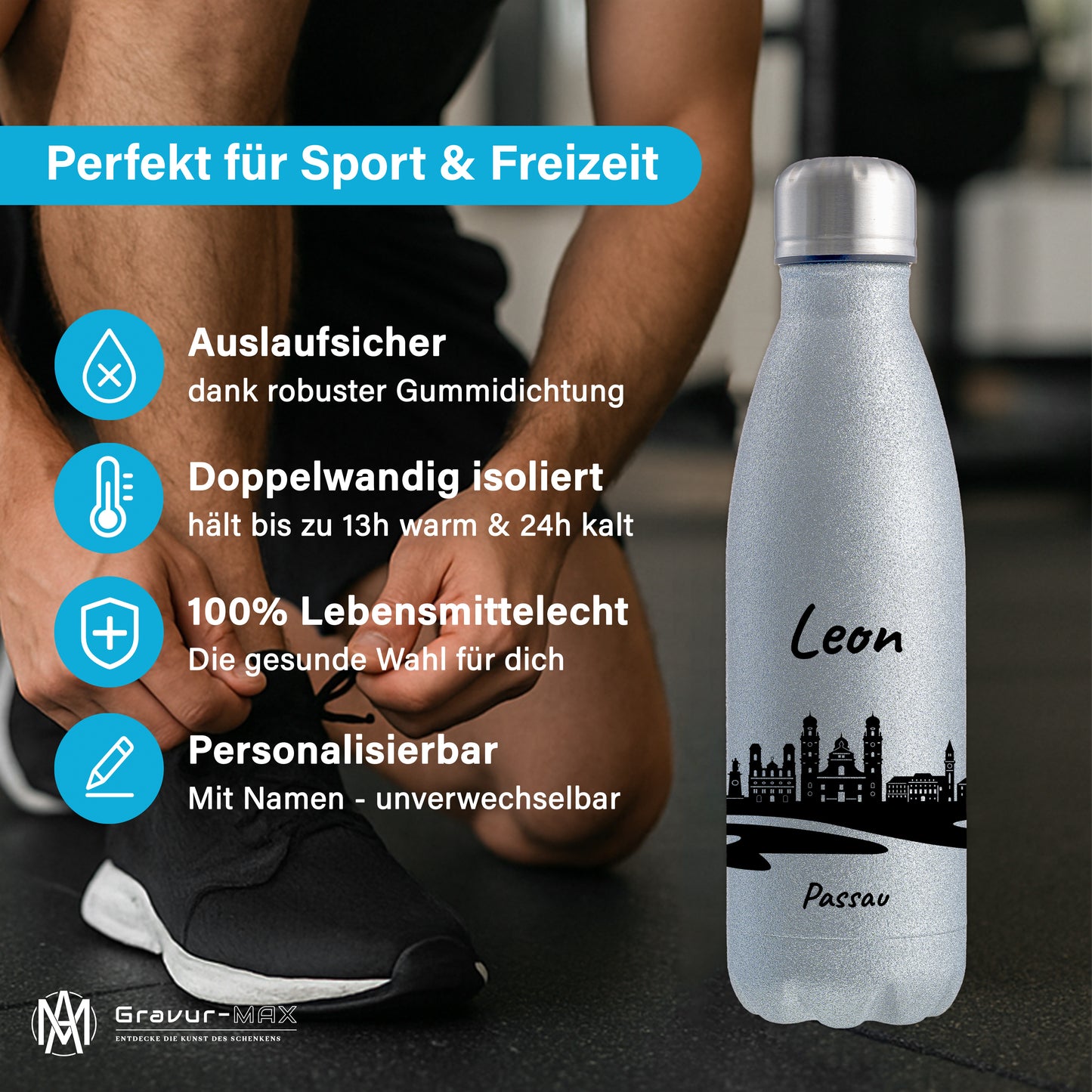 Glitzer Trinkflasche in Silber 500ml aus Edelstahl bedruckt mit der Skyline von Passau personalisierbar mit Wunschname