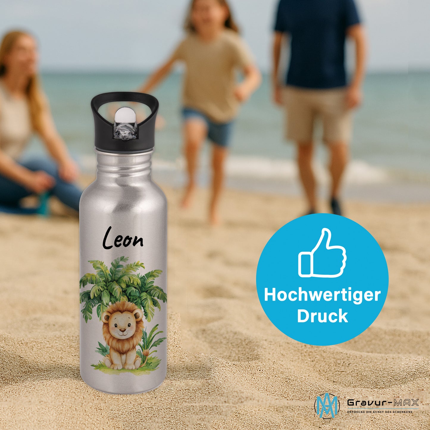 Trinkflasche mit Strohhalm in Silber 600ml bedruckt mit Dschungel Tieren"Löwe" personalisierbar für Kinder mit Wunschname aus Edelstahl