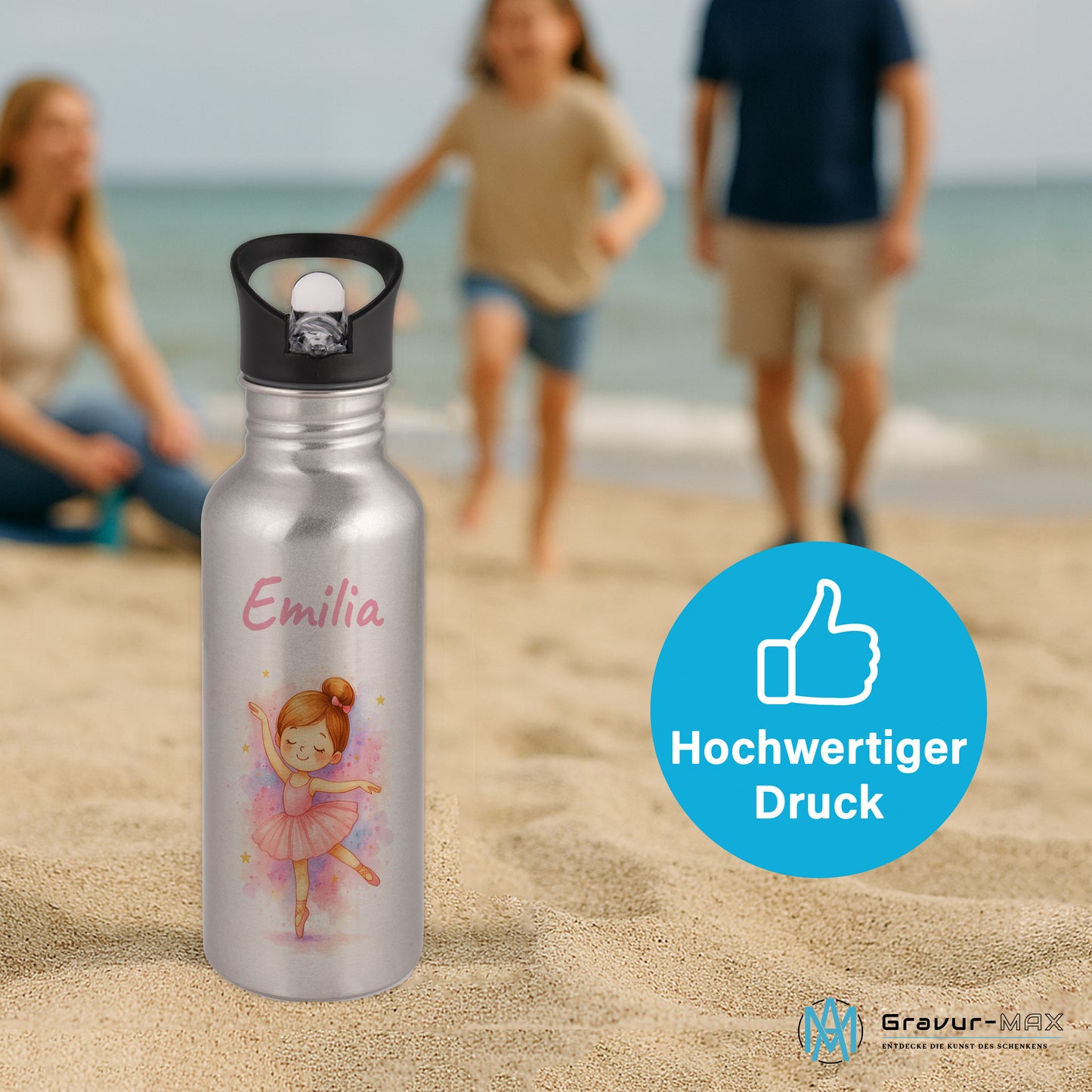 Trinkflasche mit Strohhalm in Silber 600ml bedruckt mit tollen Motiven für Kinder "Ballerina" personalisierbar für Kinder mit Wunschname aus Edelstahl