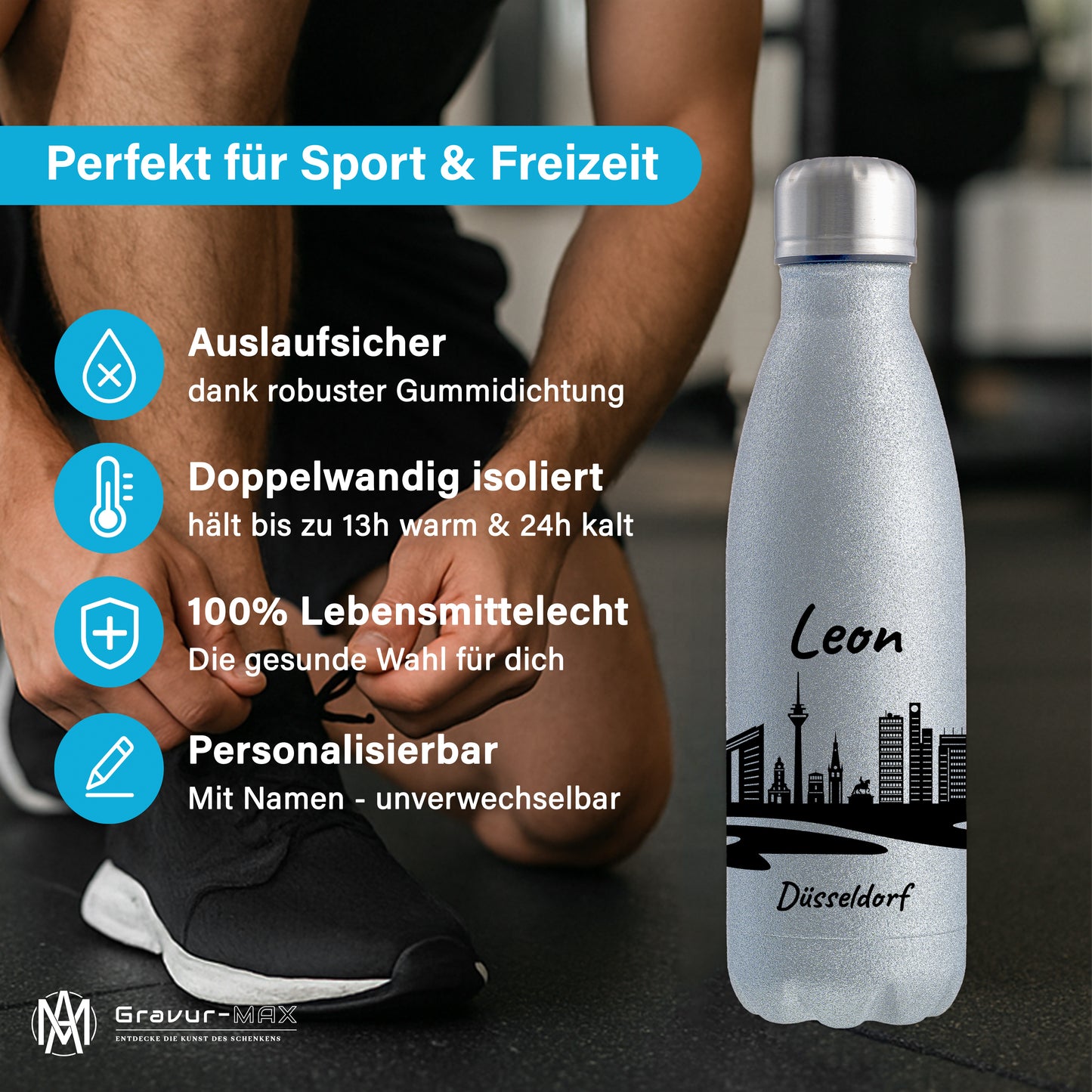 Glitzer Trinkflasche in Silber 500ml aus Edelstahl bedruckt mit der Skyline von Düsseldorf personalisierbar mit Wunschname