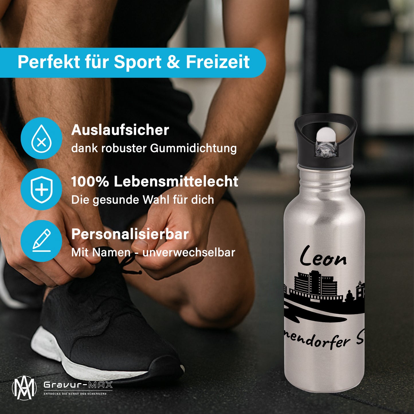 Trinkflasche in Silber 600ml aus Edelstahl bedruckt mit der Skyline von Timmendorfer Strand personalisierbar mit Wunschname