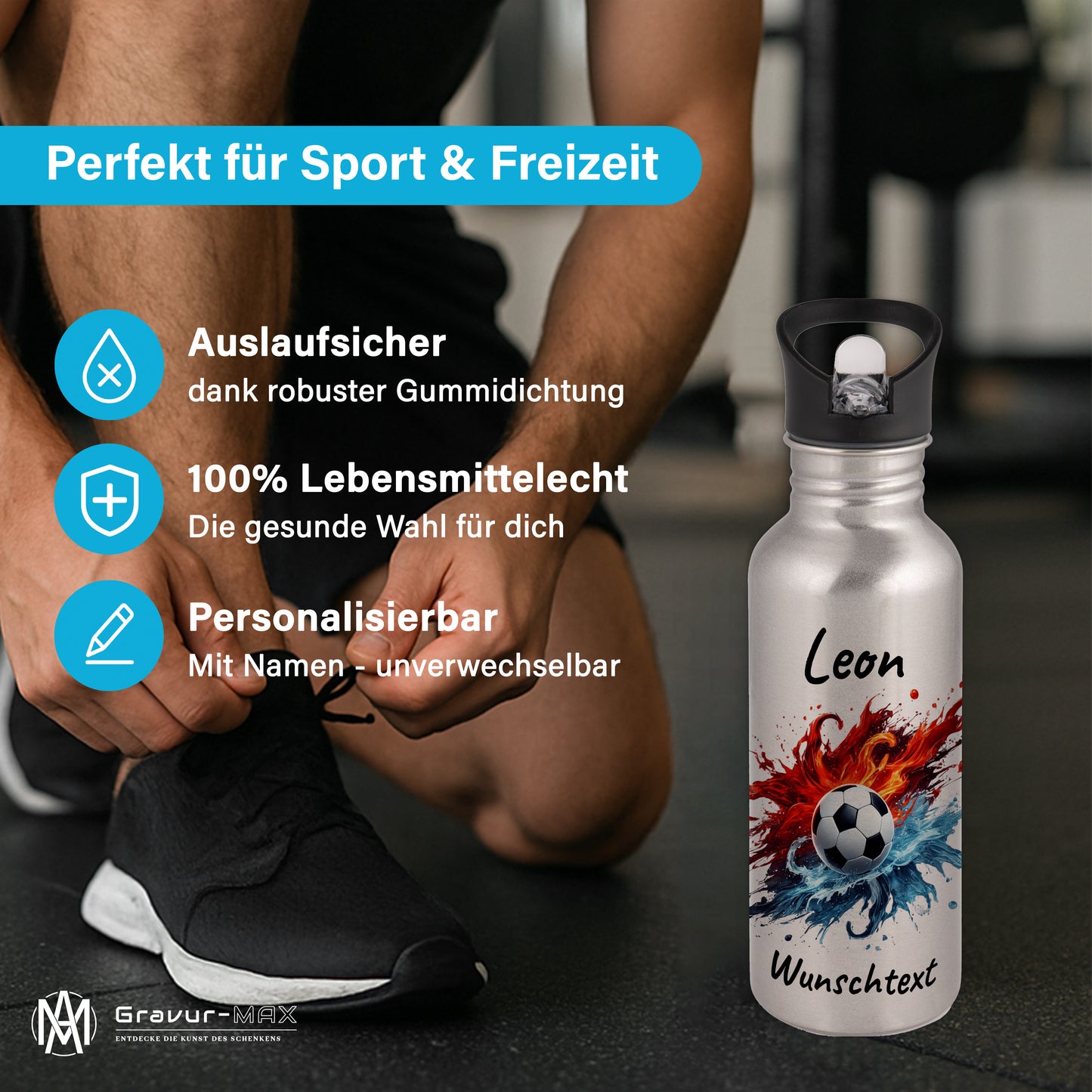 Trinkflasche mit Strohhalm in Silber 600ml bedruckt mit Fußball Motiven"Motiv12" personalisierbar für Kinder mit Wunschname aus Edelstahl
