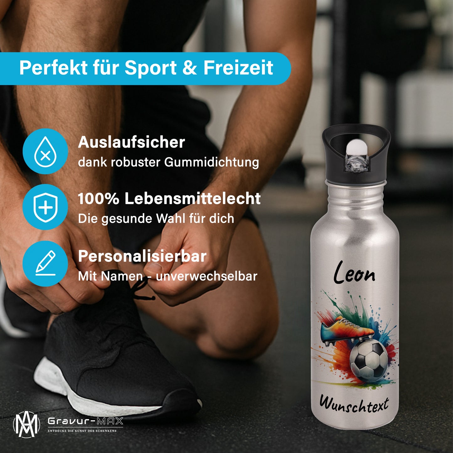 Trinkflasche mit Strohhalm in Silber 600ml bedruckt mit Fußball Motiven"Motiv6" personalisierbar für Kinder mit Wunschname aus Edelstahl