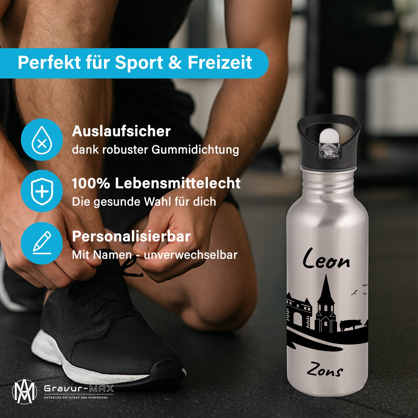 Trinkflasche in Silber 600ml aus Edelstahl bedruckt mit der Skyline von Zons (Dormagen) personalisierbar mit Wunschname