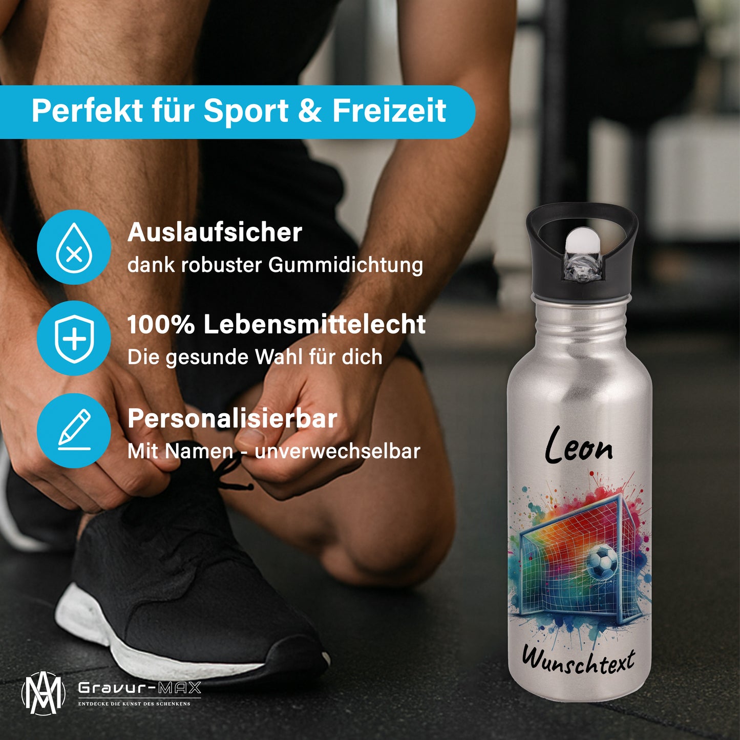 Trinkflasche mit Strohhalm in Silber 600ml bedruckt mit Fußball Motiven"Motiv5" personalisierbar für Kinder mit Wunschname aus Edelstahl