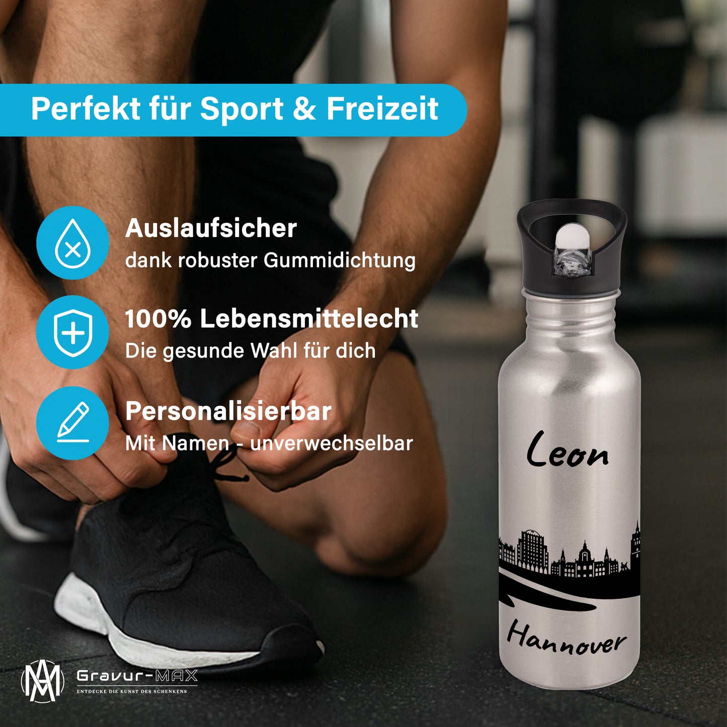 Trinkflasche in Silber 600ml aus Edelstahl bedruckt mit der Skyline von Hannover personalisierbar mit Wunschname