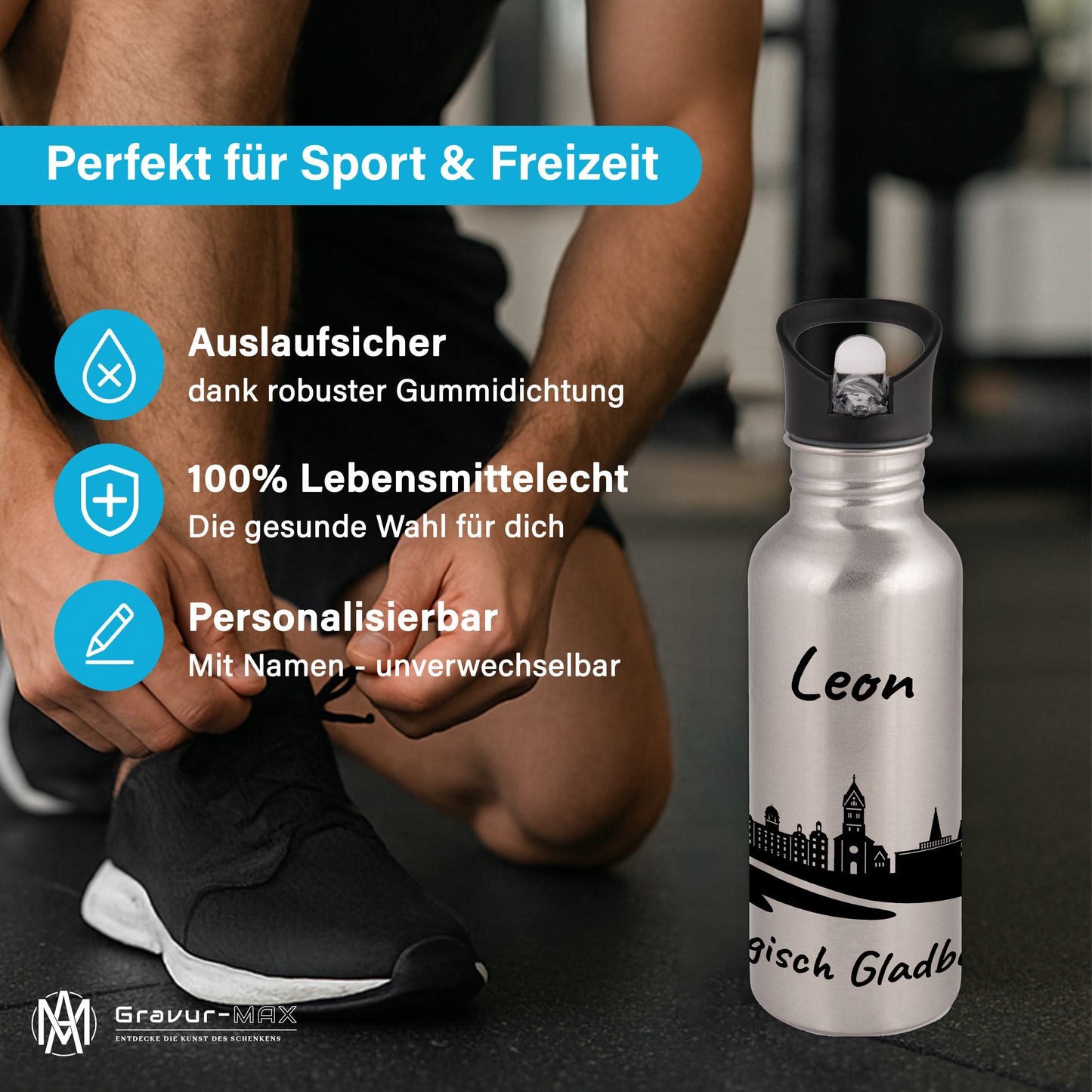 Trinkflasche in Silber 600ml aus Edelstahl bedruckt mit der Skyline von Bergisch Gladbach personalisierbar mit Wunschname