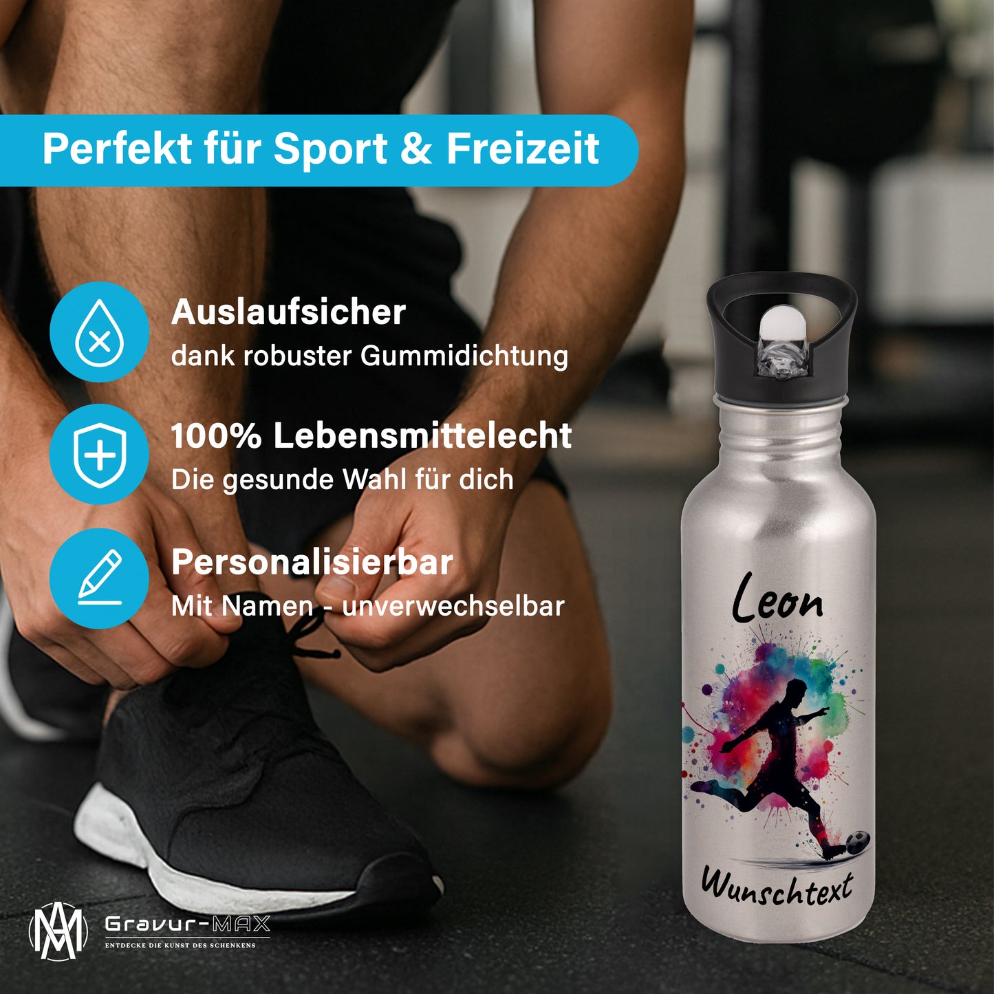 Trinkflasche mit Strohhalm in Silber 600ml bedruckt mit Fußball Motiven"Motiv4" personalisierbar für Kinder mit Wunschname aus Edelstahl