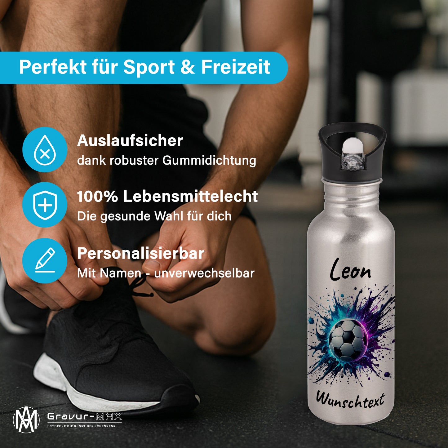 Trinkflasche mit Strohhalm in Silber 600ml bedruckt mit Fußball Motiven"Motiv10" personalisierbar für Kinder mit Wunschname aus Edelstahl