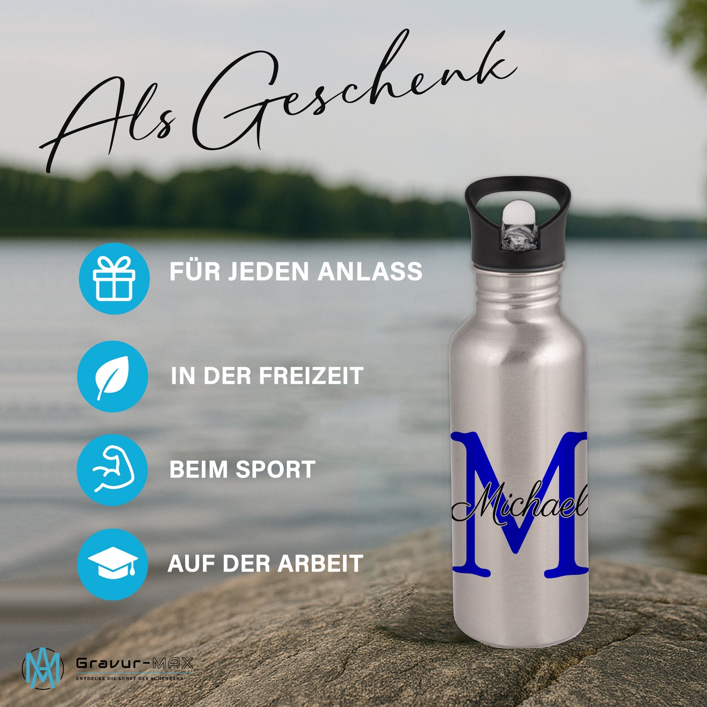 Trinkflasche in Silber 600ml aus Edelstahl bedruckt als "Namensflasche" personalisierbar für Kinder und Erwachsene mit Wunschname
