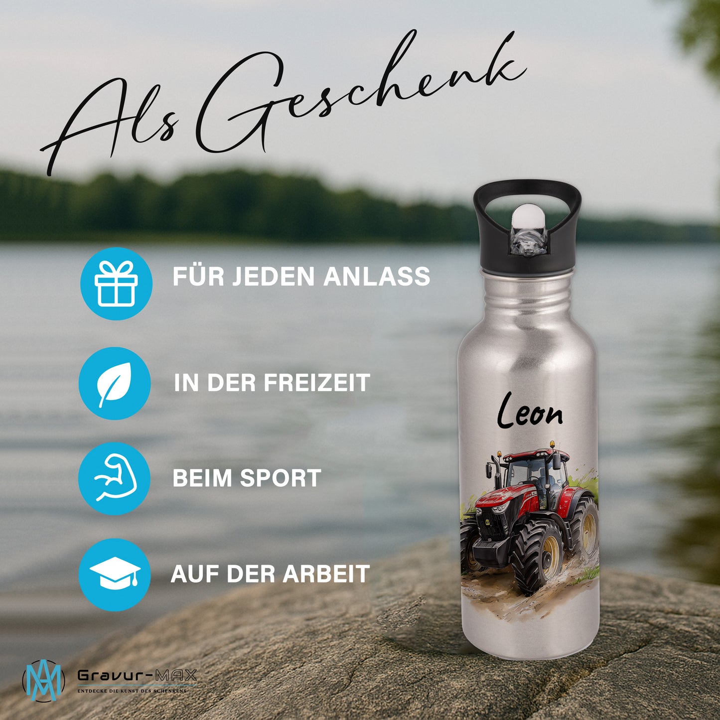 Trinkflasche mit Strohhalm in Silber 600ml bedruckt mit tollen Motiven für Kinder "Traktor" personalisierbar für Kinder mit Wunschname aus Edelstahl