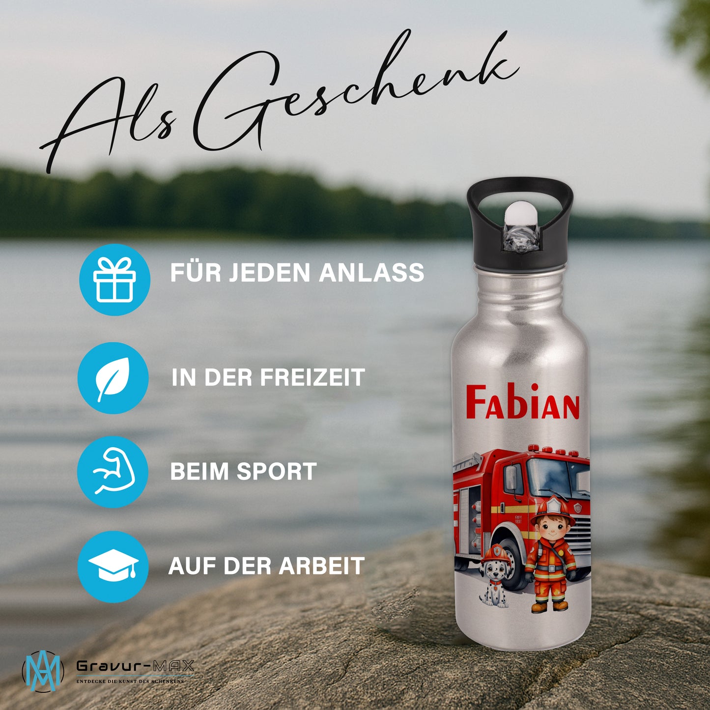 Trinkflasche mit Strohhalm in Silber 600ml bedruckt mit tollen Motiven für Kinder "Feuerwehr" personalisierbar für Kinder mit Wunschname aus Edelstahl