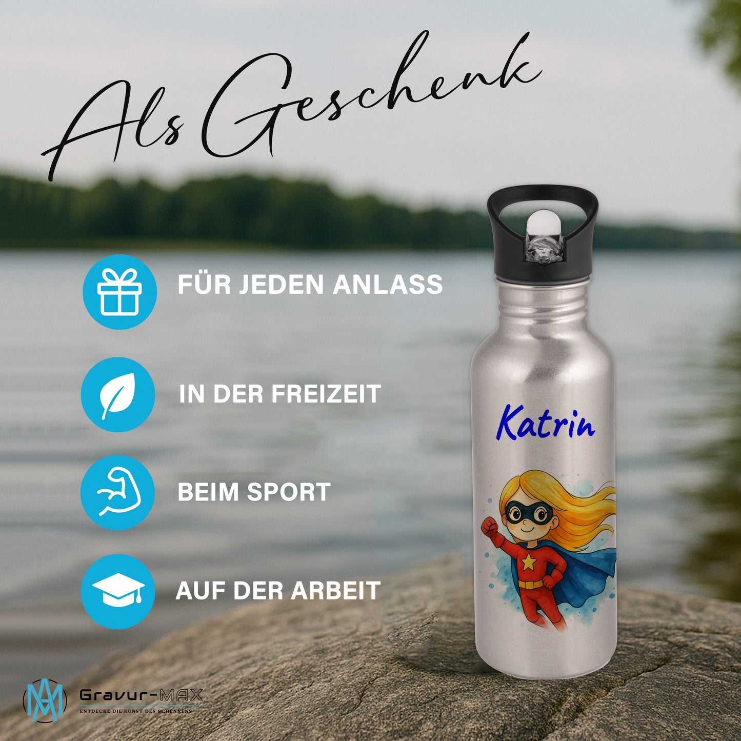 Trinkflasche mit Strohhalm in Silber 600ml bedruckt mit tollen Motiven für Kinder "Superheldin" personalisierbar für Kinder mit Wunschname aus Edelstahl