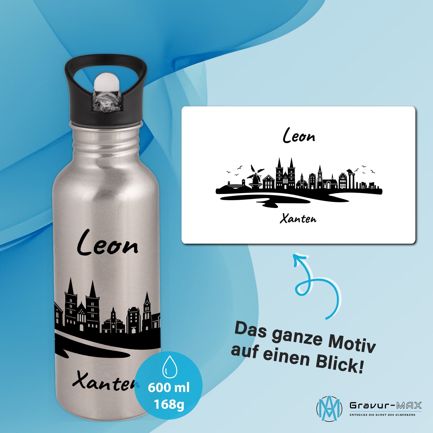 Trinkflasche in Silber 600ml aus Edelstahl bedruckt mit der Skyline von Xanten personalisierbar mit Wunschname