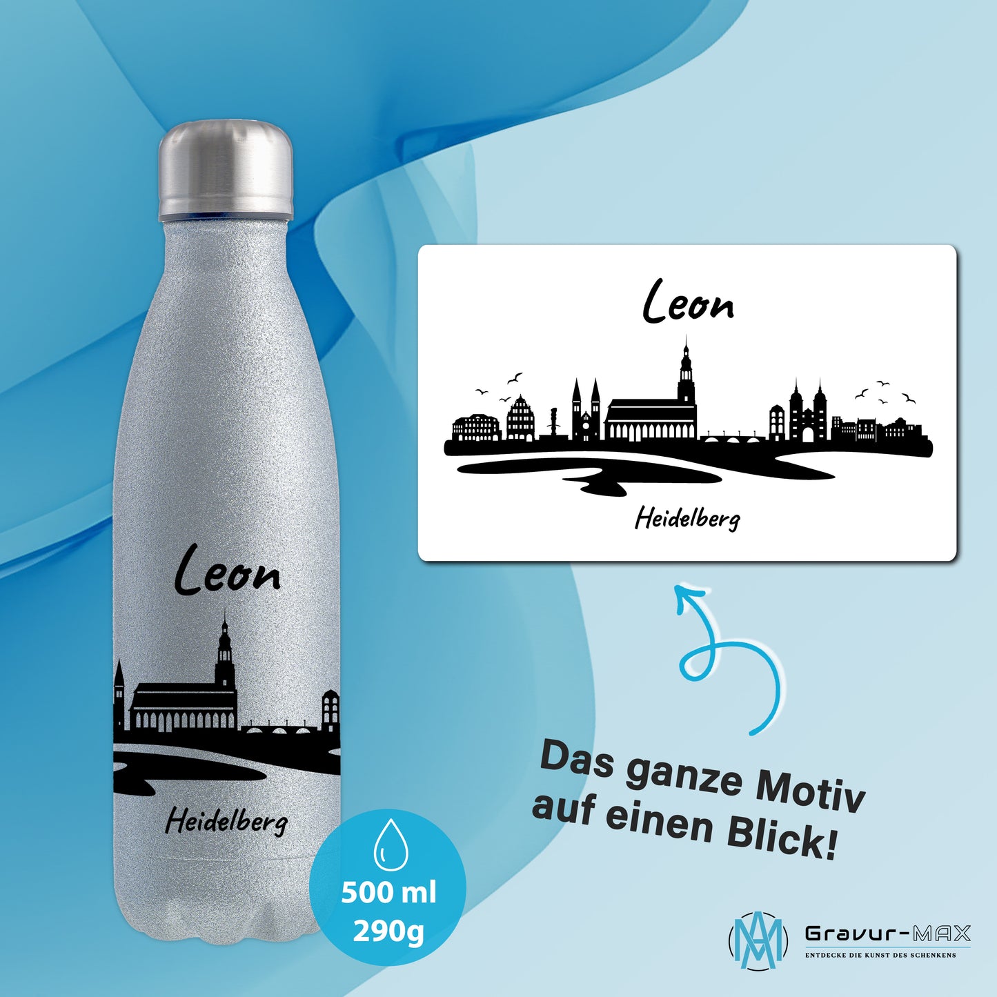 Glitzer Trinkflasche in Silber 500ml aus Edelstahl bedruckt mit der Skyline von Heidelberg personalisierbar mit Wunschname