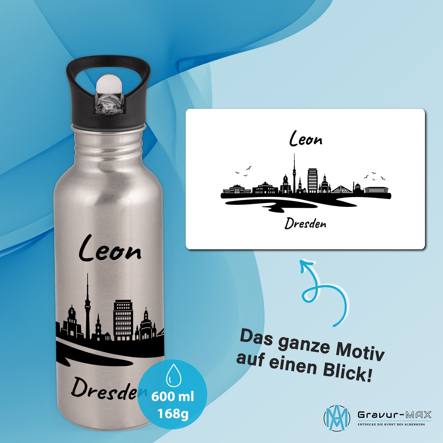 Trinkflasche in Silber 600ml aus Edelstahl bedruckt mit der Skyline von Dresden personalisierbar mit Wunschname