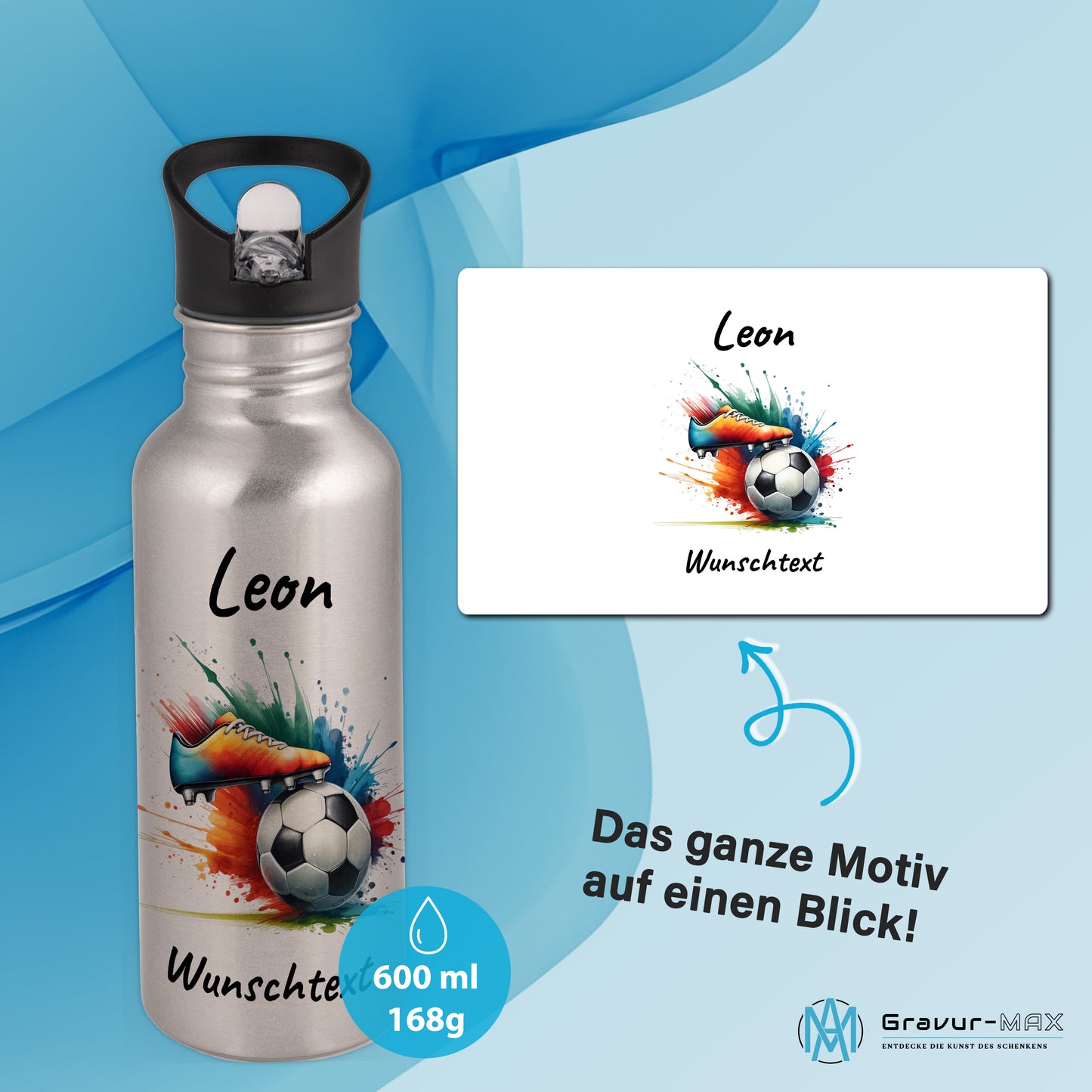 Trinkflasche mit Strohhalm in Silber 600ml bedruckt mit Fußball Motiven"Motiv6" personalisierbar für Kinder mit Wunschname aus Edelstahl