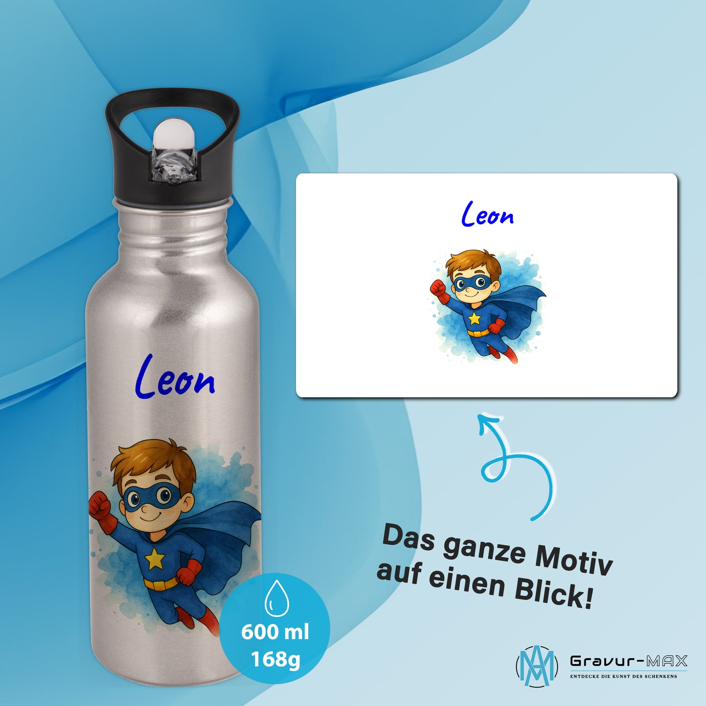 Trinkflasche mit Strohhalm in Silber 600ml bedruckt mit tollen Motiven für Kinder "Superheld" personalisierbar für Kinder mit Wunschname aus Edelstahl