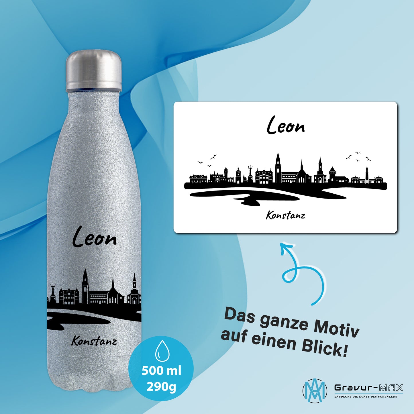 Glitzer Trinkflasche in Silber 500ml aus Edelstahl bedruckt mit der Skyline von Konstanz personalisierbar mit Wunschname