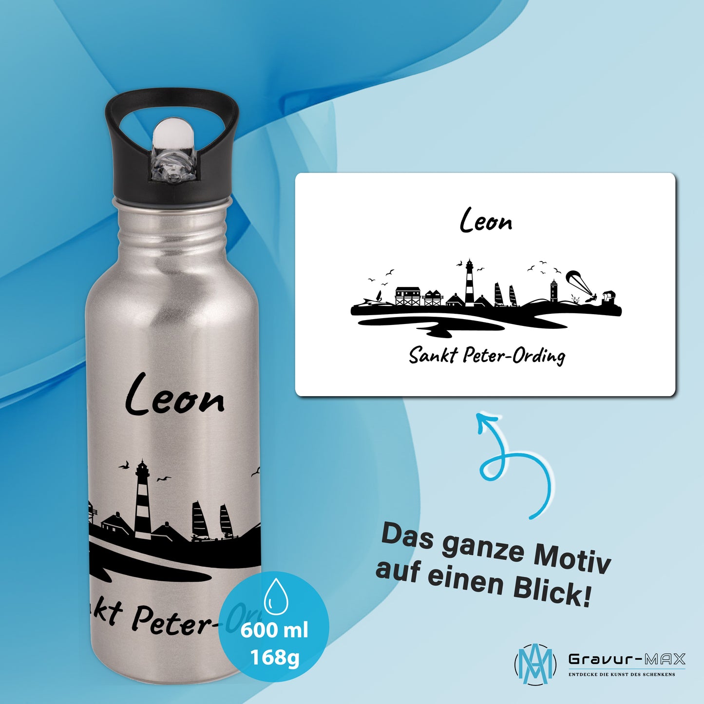Trinkflasche in Silber 600ml aus Edelstahl bedruckt mit der Skyline von Sankt Peter-Ording personalisierbar mit Wunschname
