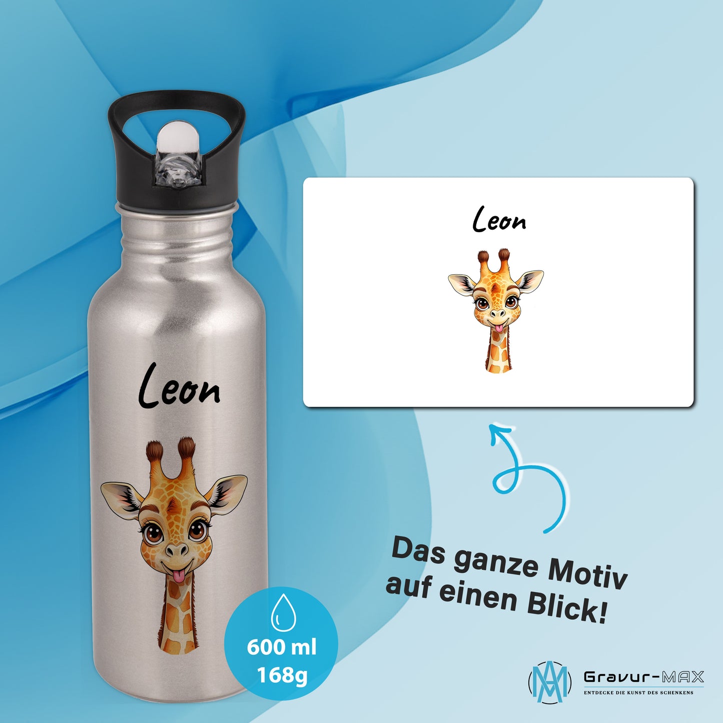 Trinkflasche mit Strohhalm in Silber 600ml bedruckt mit niedlichen Tieren"Giraffe" personalisierbar für Kinder mit Wunschname aus Edelstahl
