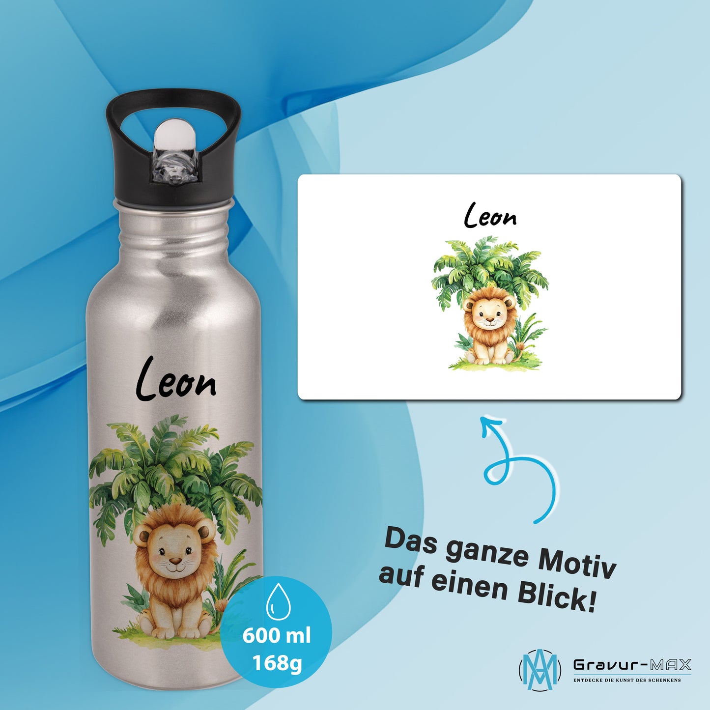 Trinkflasche mit Strohhalm in Silber 600ml bedruckt mit Dschungel Tieren"Löwe" personalisierbar für Kinder mit Wunschname aus Edelstahl